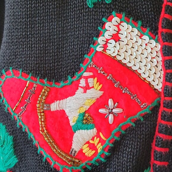 Vintage Christmas Cardigan Sweater With Embroidered Stockings & Holly - Picture 12 of 16